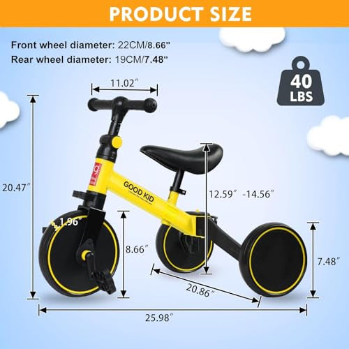 Sky - Touch 4 in 1 Kids Balance Bike Tricycles for 1.5 5 Years, Toddlers Trike with Adjustable Seat Indoor Outdoor, Yellow(Used New, Open Box)