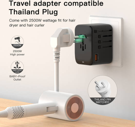 Universal Travel Adapter 45W GaN Fast Charger, 4-Port International Wall Charger with Smart Charging & Built-in Plugs for UAE, UK, US, AUS, Black