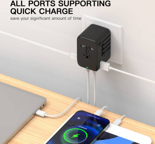 Universal Travel Adapter 45W GaN Fast Charger, 4-Port International Wall Charger with Smart Charging & Built-in Plugs for UAE, UK, US, AUS, Black