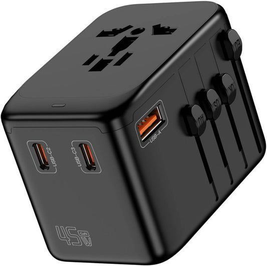 Universal Travel Adapter 45W GaN Fast Charger, 4-Port International Wall Charger with Smart Charging & Built-in Plugs for UAE, UK, US, AUS, Black
