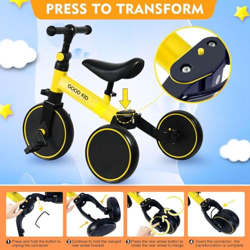 Sky - Touch 4 in 1 Kids Balance Bike Tricycles for 1.5 5 Years, Toddlers Trike with Adjustable Seat Indoor Outdoor, Yellow(Used New, Open Box)