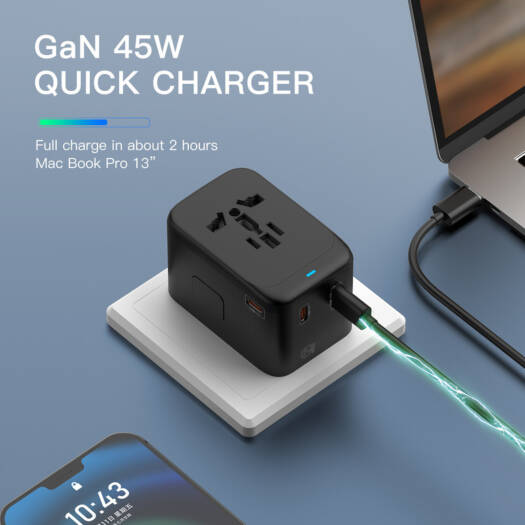 Universal Travel Adapter 45W GaN Fast Charger, 4-Port International Wall Charger with Smart Charging & Built-in Plugs for UAE, UK, US, AUS, Black